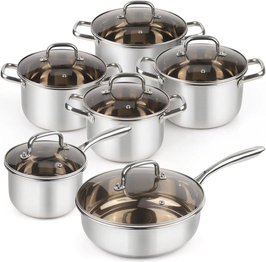 3-ply Stainless Steel Cookware Set, 12 Pcs Pots and Pans Set, Induction Compatible, Nestable and Space-Saving, Oven and Dishwasher Safe，Works with All Cooktops - TropiGlobe storeTropiGlobe