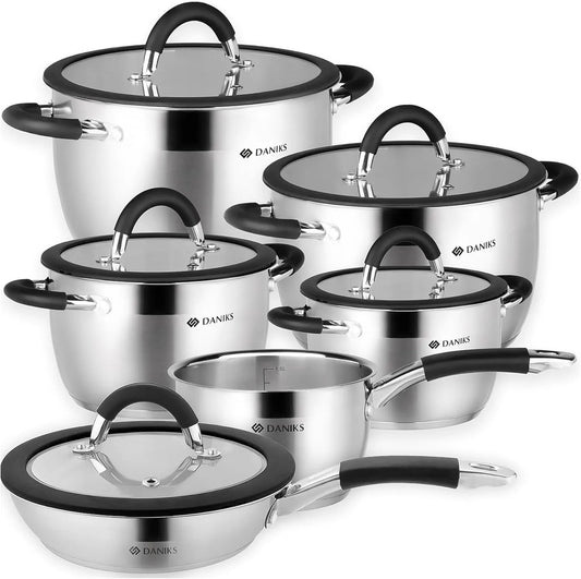 Daniks Orlando 11-Piece Stainless Steel Induction Cookware Set – Dishwasher Safe Saucepan, Frying Pan, Pots with Heatproof Handles, Glass Lids, Measuring Scale, Silver - TropiGlobe storeTropiGlobe