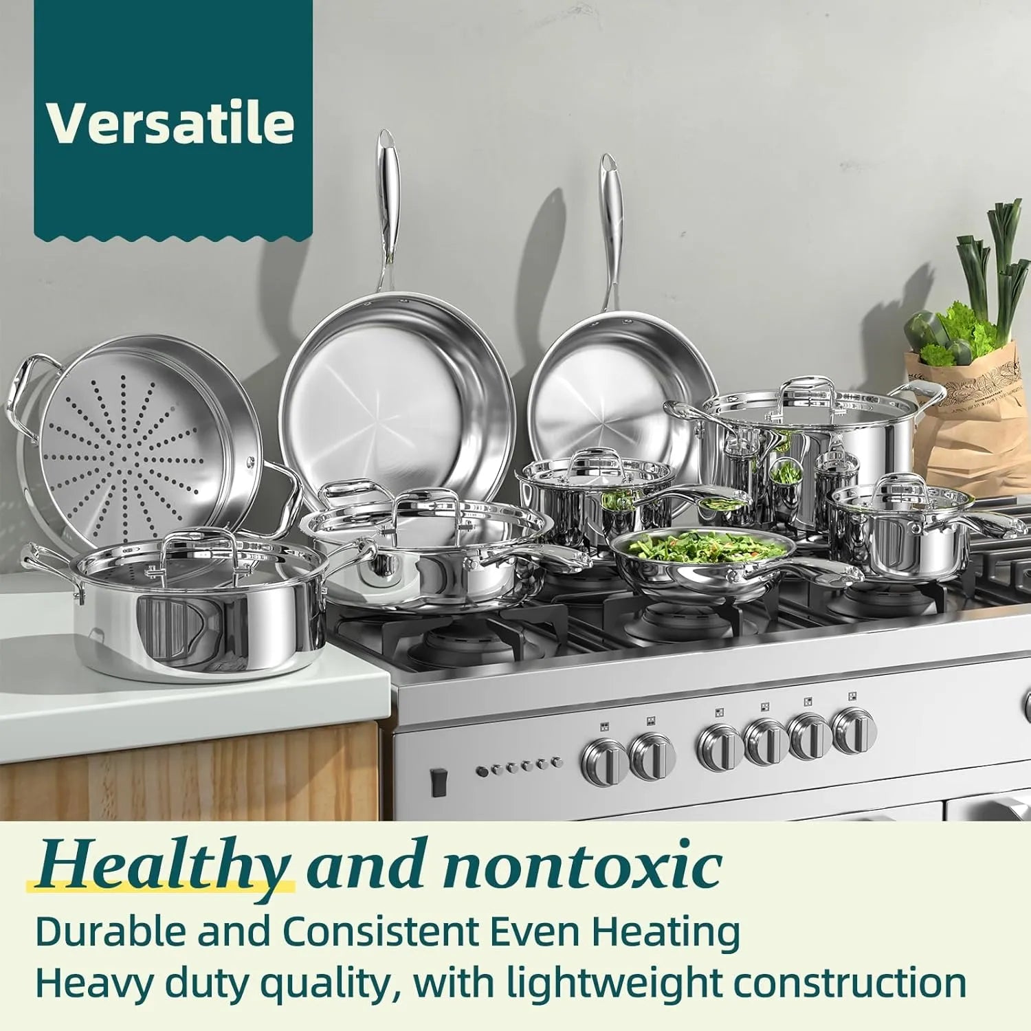 Umite Chef Stainless Steel Cookware Set, 5 Ply 14 Piece Stainless Steel Pot and Pan Set-Induction, Heavy Chef Quality, Oven Safe | Professional Kitchen Cooking Appliances, PFOA, PTFE & PFOS Free - TropiGlobe storeTropiGlobe