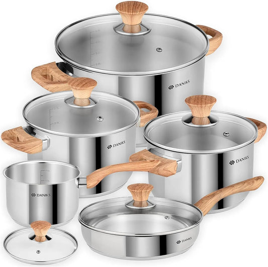 Daniks Oslo 10-Piece Stainless Steel Induction Cookware Set – Dishwasher Safe Saucepan, Frying Pan, Pots with Stay-Cool Handles, Glass Lids, Silver - TropiGlobe storeTropiGlobe