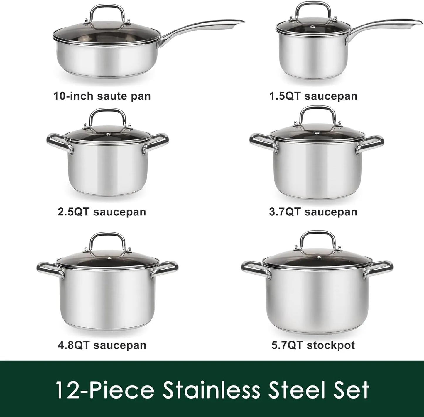 3-ply Stainless Steel Cookware Set, 12 Pcs Pots and Pans Set, Induction Compatible, Nestable and Space-Saving, Oven and Dishwasher Safe，Works with All Cooktops - TropiGlobe storeTropiGlobe