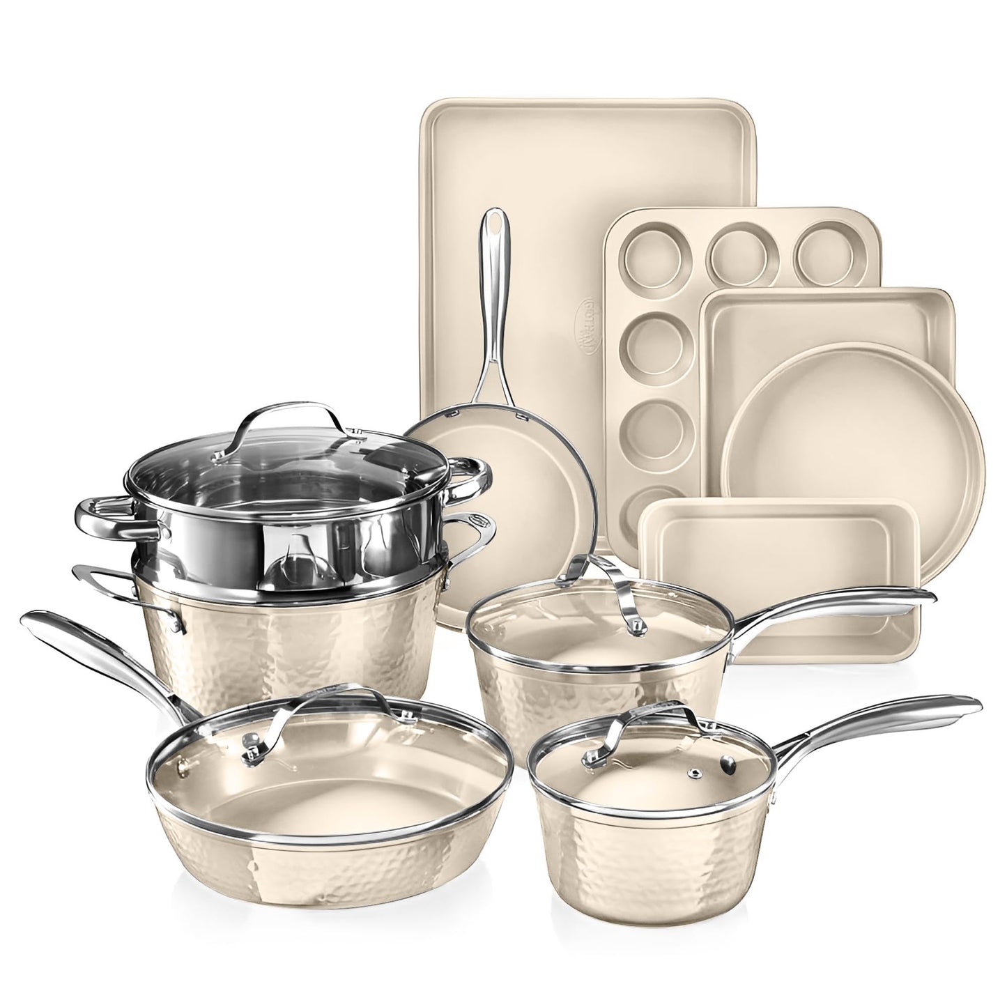 Gotham Steel Hammered 15 Pc Ceramic Cookware Set Nonstick, Deep Copper Pots and Pans Set Non Stick with Bakeware & Deep Fry Pan, Non Toxic PFOA PFOS Free, Induction Oven and Dishwasher Safe - TropiGlobe storeTropiGlobe