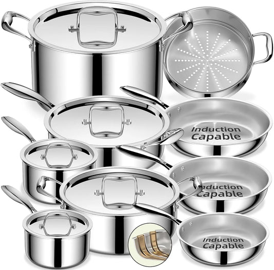 Umite Chef Stainless Steel Cookware Set, 5 Ply 14 Piece Stainless Steel Pot and Pan Set-Induction, Heavy Chef Quality, Oven Safe | Professional Kitchen Cooking Appliances, PFOA, PTFE & PFOS Free - TropiGlobe storeTropiGlobe