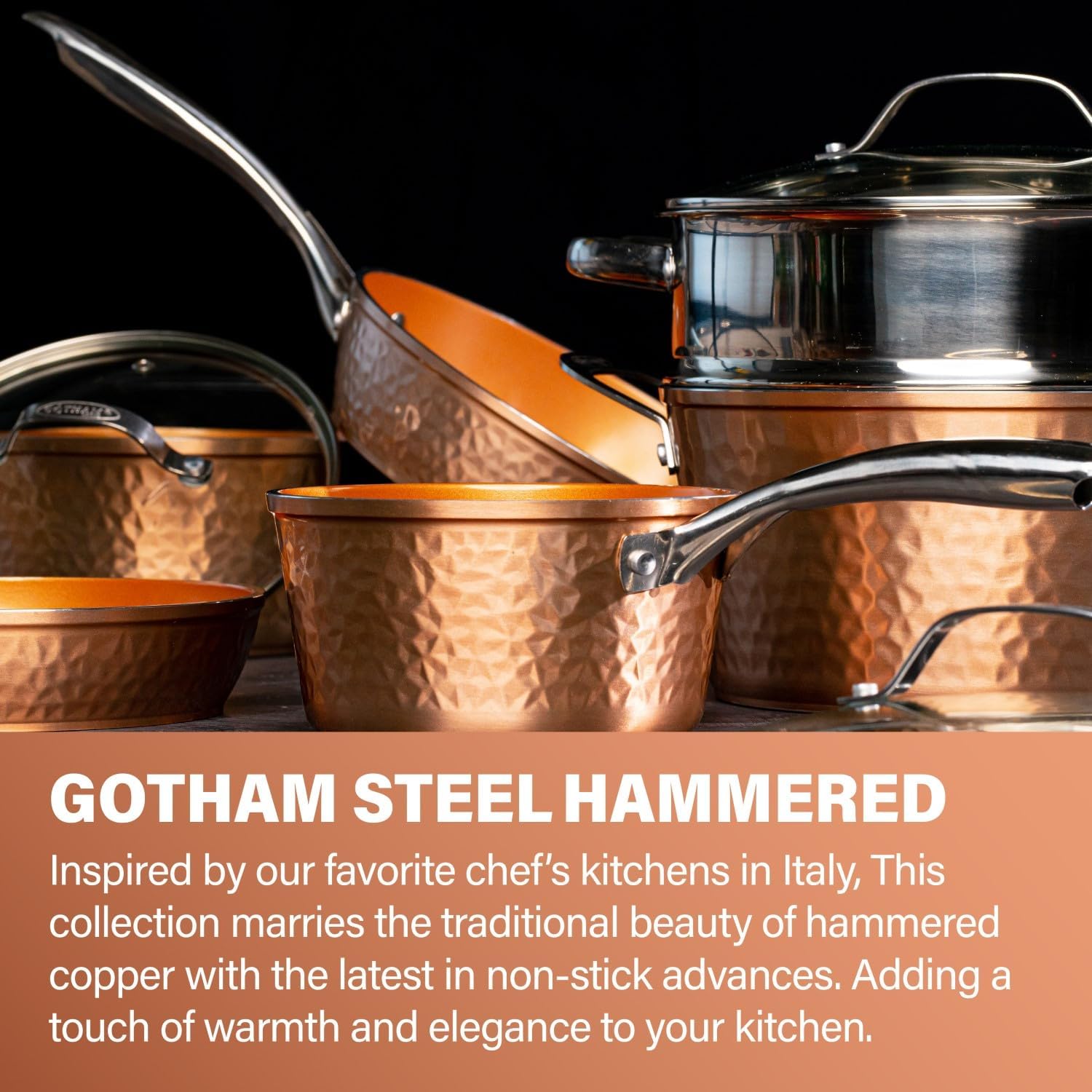 Gotham Steel Hammered 15 Pc Ceramic Cookware Set Nonstick, Deep Copper Pots and Pans Set Non Stick with Bakeware & Deep Fry Pan, Non Toxic PFOA PFOS Free, Induction Oven and Dishwasher Safe - TropiGlobe storeTropiGlobe