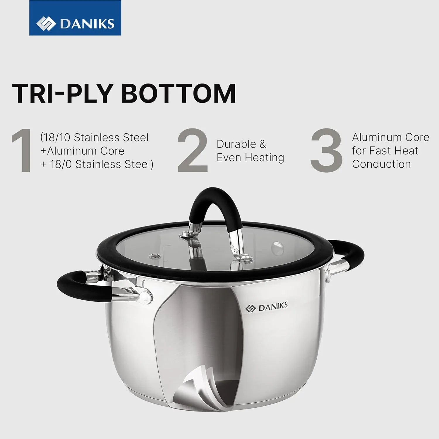Daniks Orlando 11-Piece Stainless Steel Induction Cookware Set – Dishwasher Safe Saucepan, Frying Pan, Pots with Heatproof Handles, Glass Lids, Measuring Scale, Silver - TropiGlobe storeTropiGlobe