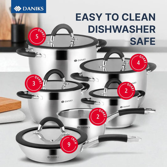 Daniks Orlando 11-Piece Stainless Steel Induction Cookware Set – Dishwasher Safe Saucepan, Frying Pan, Pots with Heatproof Handles, Glass Lids, Measuring Scale, Silver - TropiGlobe storeTropiGlobe