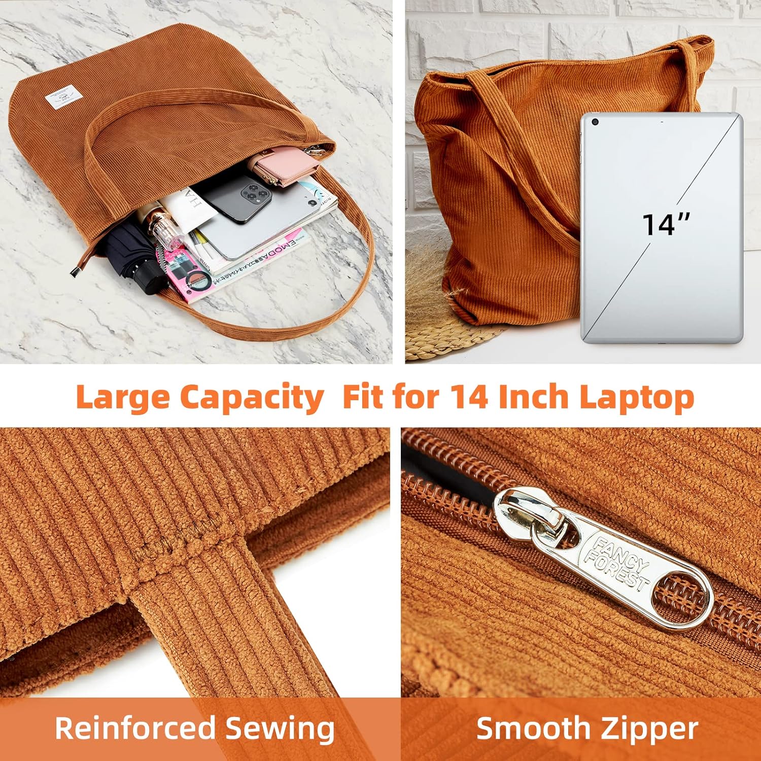KALIDI Women Corduroy Tote Bag Zipper Casual Tote's Handbag Big Capacity Shoulder Bag with Pockets - TropiGlobe storeTropiGlobe