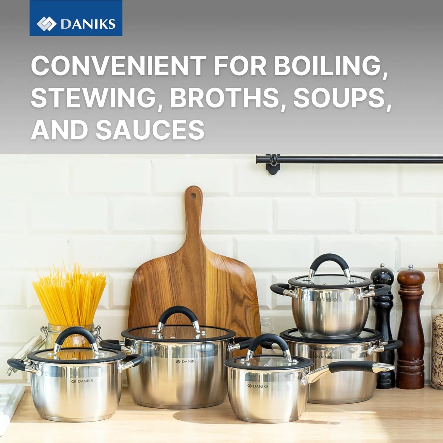 Daniks Orlando 11-Piece Stainless Steel Induction Cookware Set – Dishwasher Safe Saucepan, Frying Pan, Pots with Heatproof Handles, Glass Lids, Measuring Scale, Silver - TropiGlobe storeTropiGlobe
