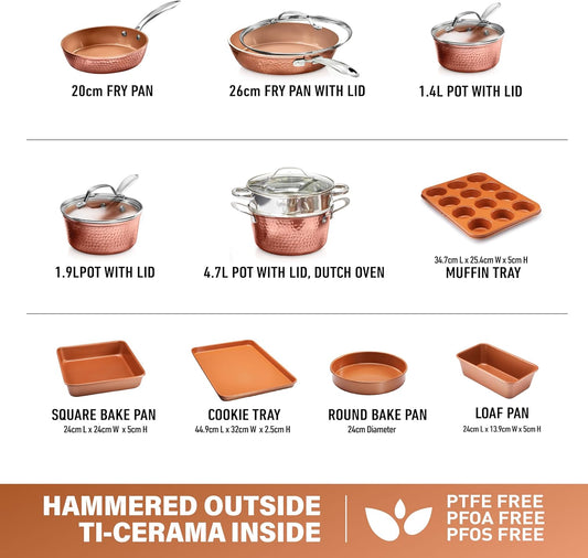 Gotham Steel Hammered 15 Pc Ceramic Cookware Set Nonstick, Deep Copper Pots and Pans Set Non Stick with Bakeware & Deep Fry Pan, Non Toxic PFOA PFOS Free, Induction Oven and Dishwasher Safe - TropiGlobe storeTropiGlobe
