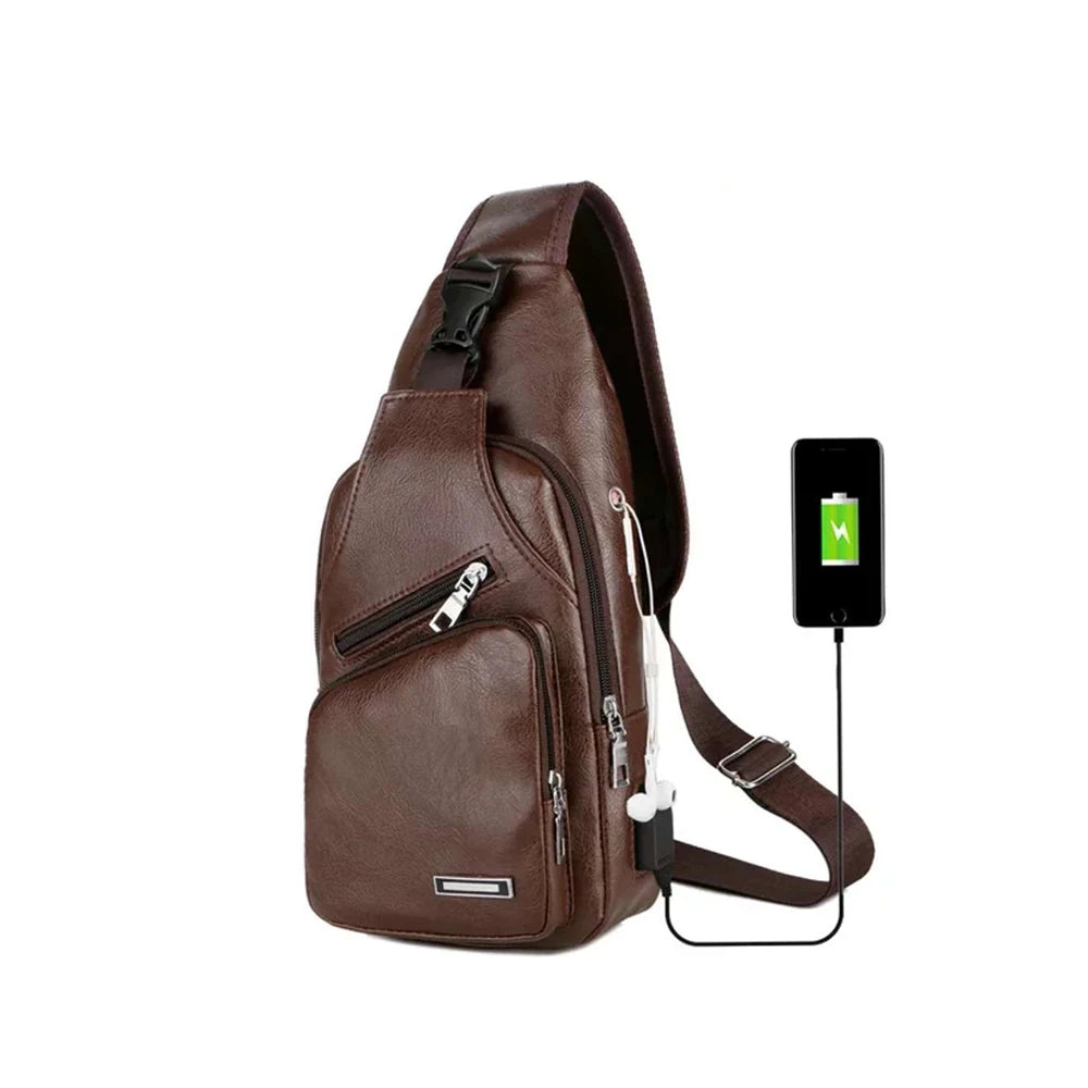 Simple and Fashionable Casual Solid Color PU Multifunctional USB Charging Zipper MEN'S Chest Bag Crossbody Bag for Commuting