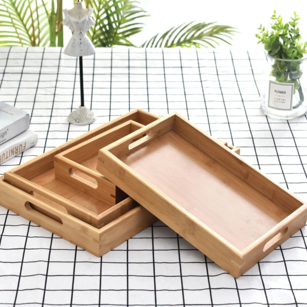 Wooden tray Bamboo tray 1PC Tea tray tableware holder Fruit bread dessert tea food tray with handle rectangle