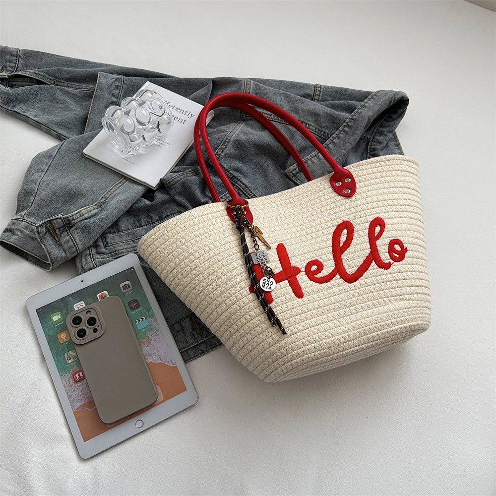 Simple Fashion Big Tote Bags For Women Cotton Fabric Woven Design Letter Embroidered  Luxury Large Capacity Shopper Shoulder Bag