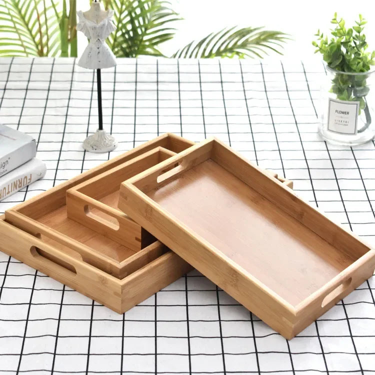 Wooden tray Bamboo tray 1PC Tea tray tableware holder Fruit bread dessert tea food tray with handle rectangle