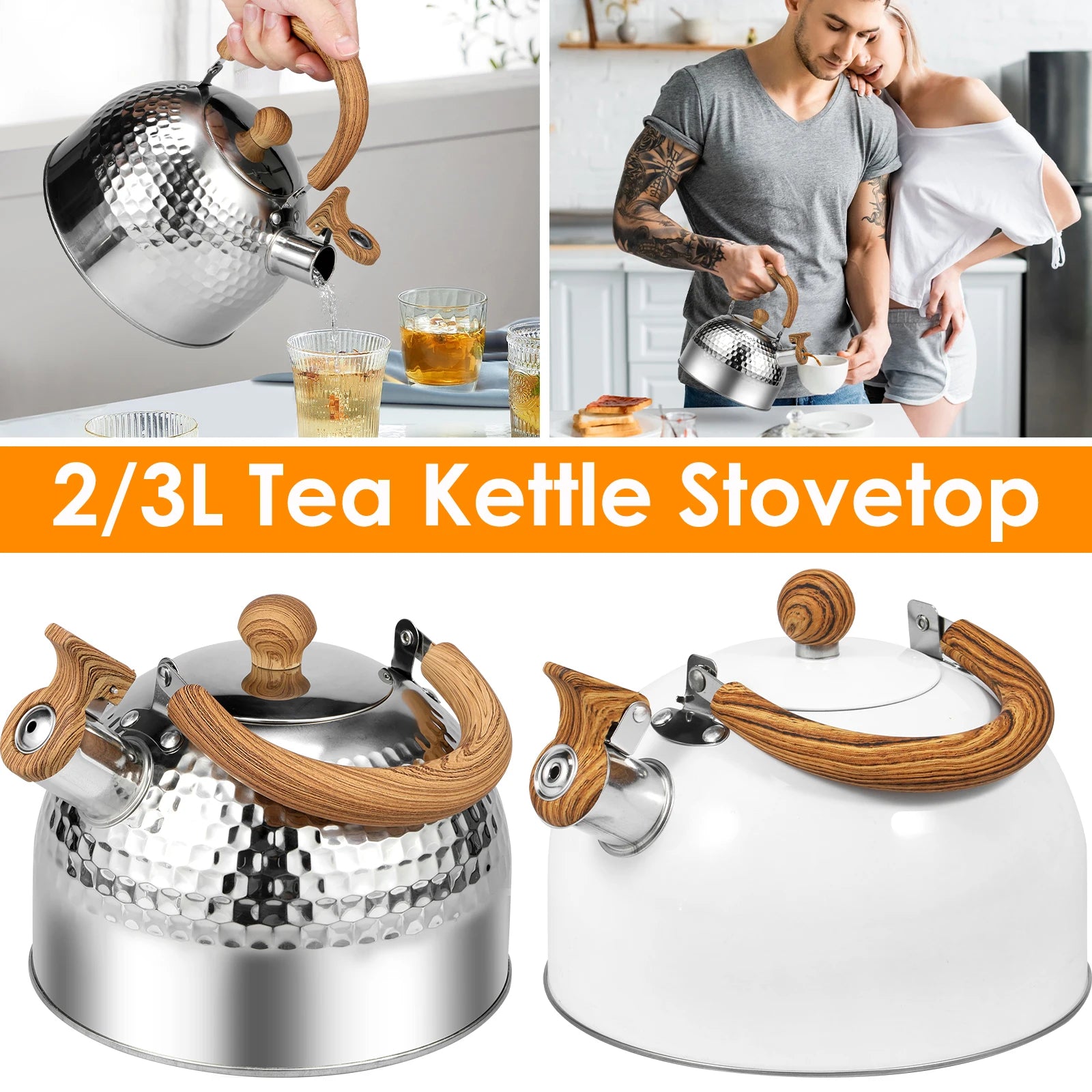 Tea Kettle with Anti-scald Handle Rustproof Whistling Tea Kettle Food Grade Stainless Steel Stove Top 3/2L Tea Pot Kitchen Tool
