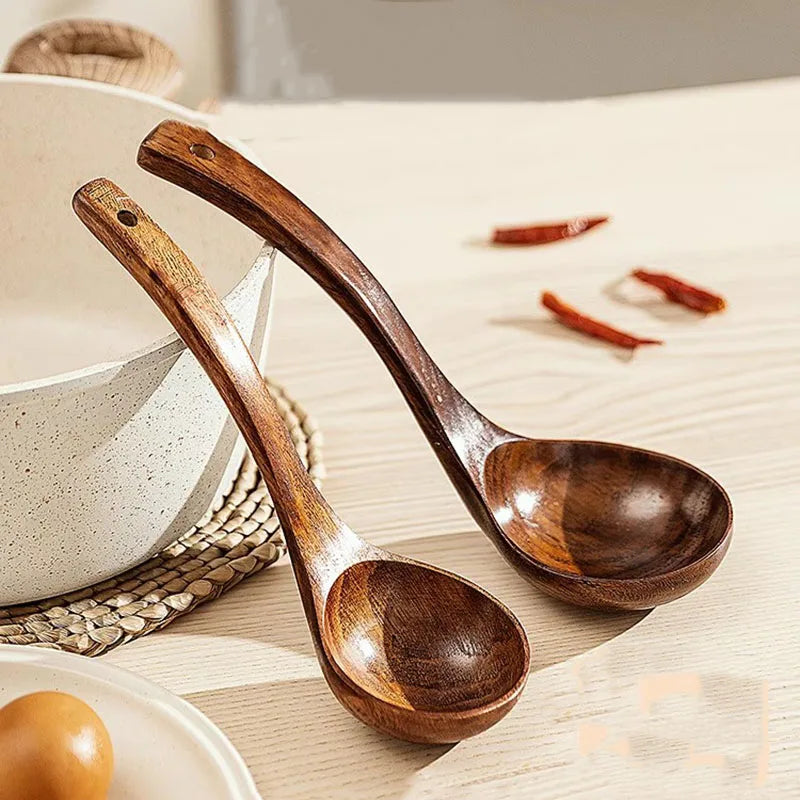 Teak Wooden Ladle Spoon Kitchen Serving Spoon With Back Hooks Non-stick Wooden Soup Ladle   For Cooking Serving And Stirring
