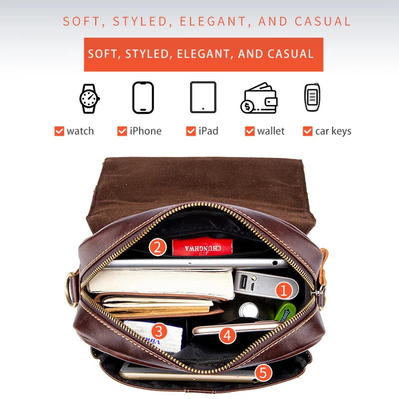 Men's Leather Shoulder Bag, Retro Business Crossbody Bag, Large Capacity Fashion Casual Youth Student Handbag