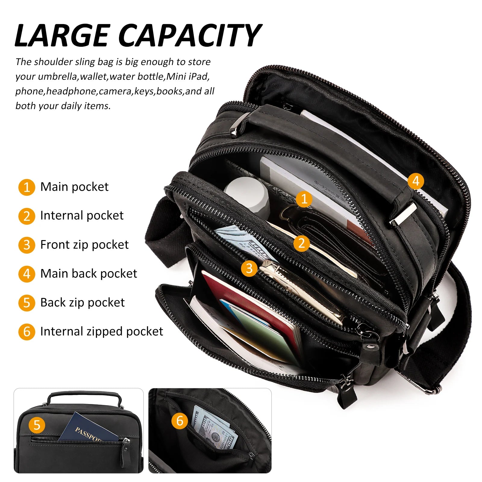 Men's Cowhide Shoulder Bag Casual Crossbody Bags Full Grain Leather Multifunctional Ipad Messenger Handbag Quality