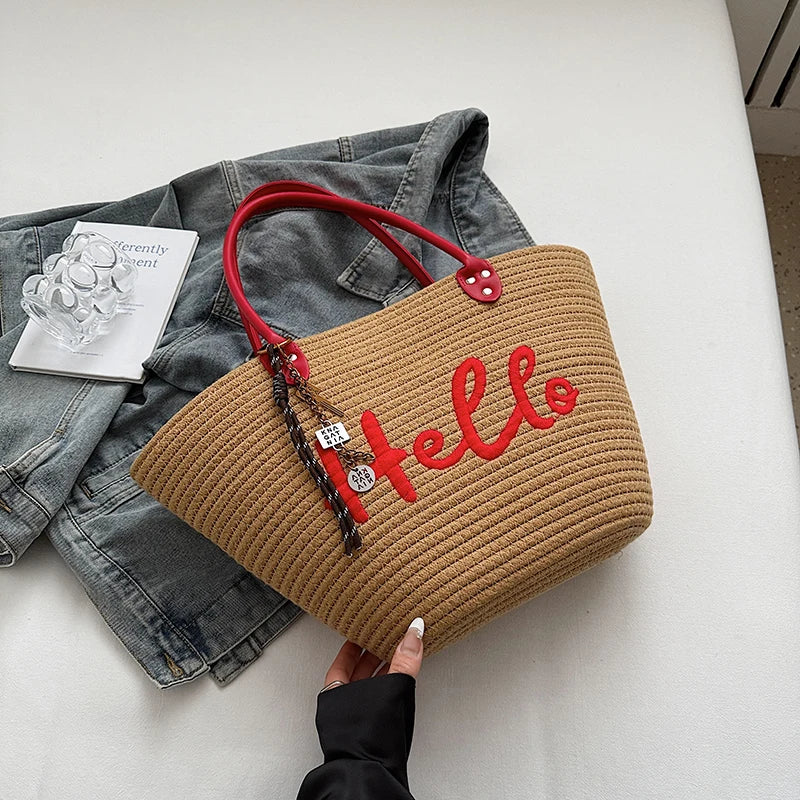 Simple Fashion Big Tote Bags For Women Cotton Fabric Woven Design Letter Embroidered  Luxury Large Capacity Shopper Shoulder Bag