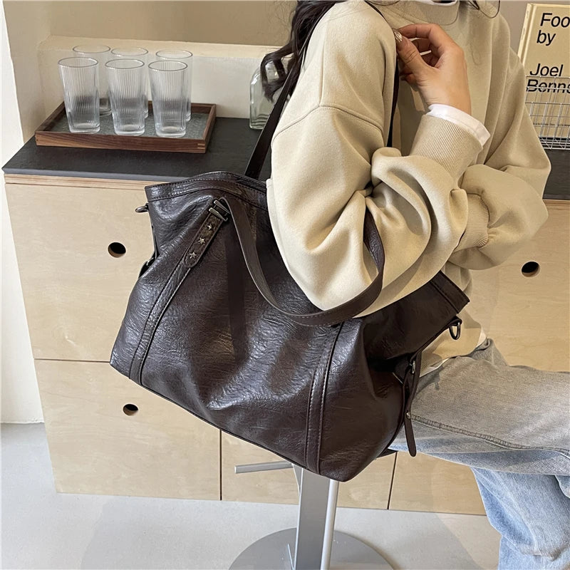 MOODS Large Sized Tote Bags For Women Soft PU Leather Pure Color Large Capacity Shopper Shoulder Crossbody Bag Quality Handbags