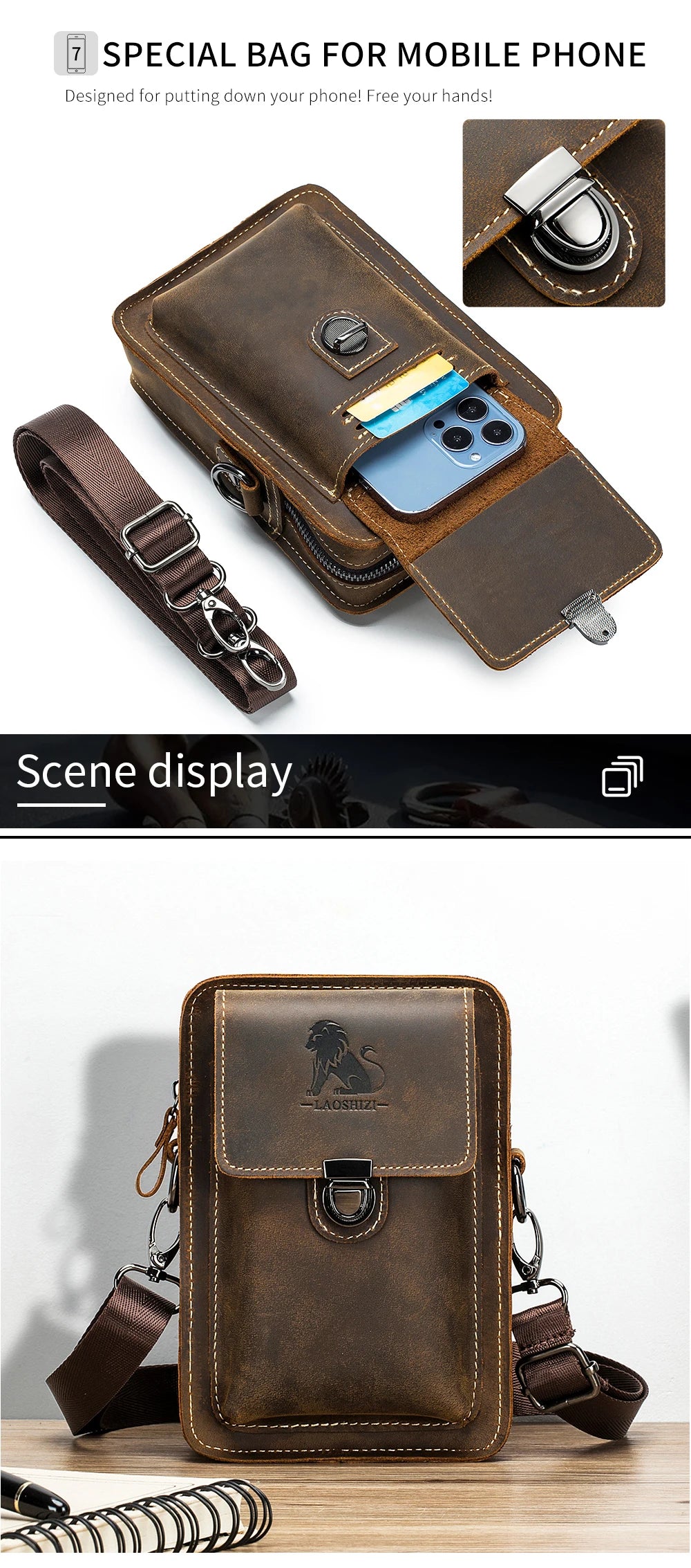 Crazy Horse Skin Men's Wearing Belt Phone Waist Bag Top Layer Cowhide Multi functional Single Shoulder Crossbody Phone Bag