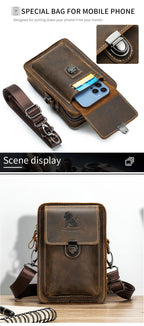 Crazy Horse Skin Men's Wearing Belt Phone Waist Bag Top Layer Cowhide Multi functional Single Shoulder Crossbody Phone Bag