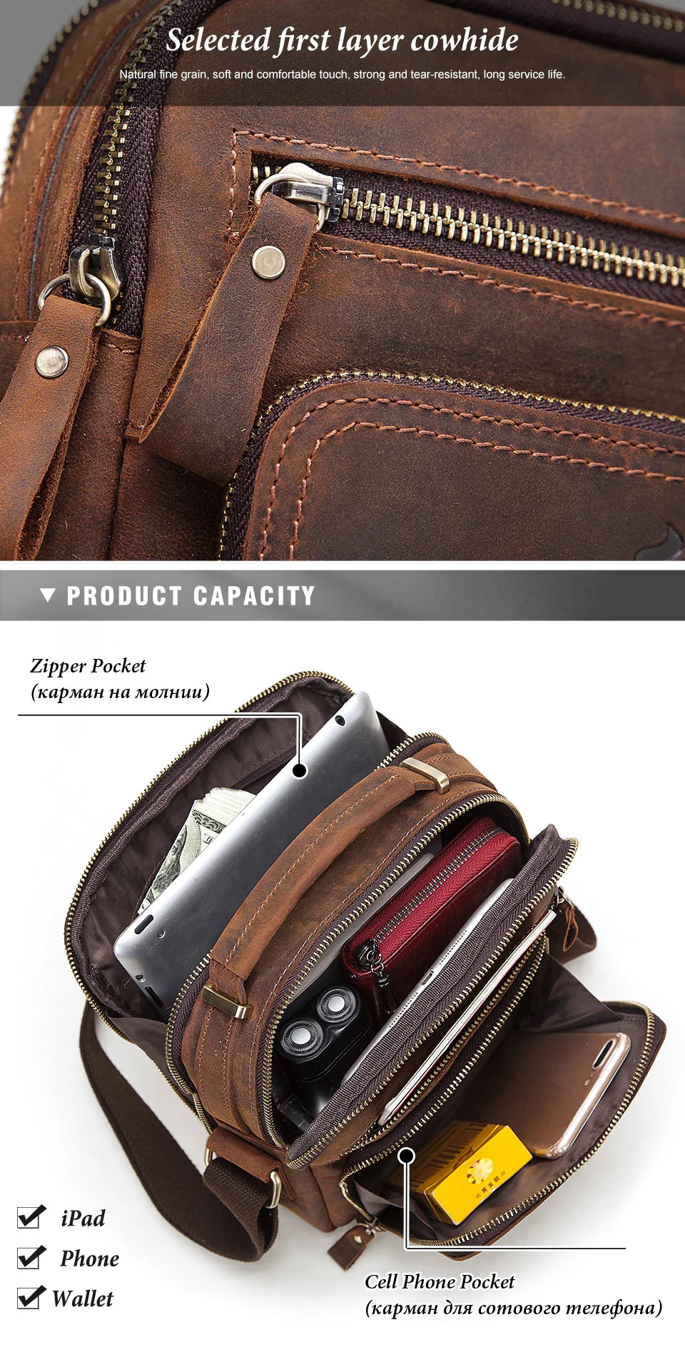 Men's Cowhide Shoulder Bag Casual Crossbody Bags Full Grain Leather Multifunctional Ipad Messenger Handbag Quality