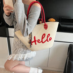 Simple Fashion Big Tote Bags For Women Cotton Fabric Woven Design Letter Embroidered  Luxury Large Capacity Shopper Shoulder Bag