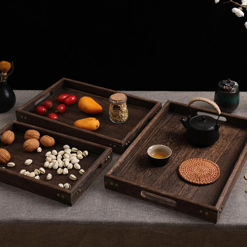 Wooden Rectangular Tea Tray Handmade Classic Wooden Dessert Candy Tea Tray Dinner With Handles Kitchen Decorative Wood Plate