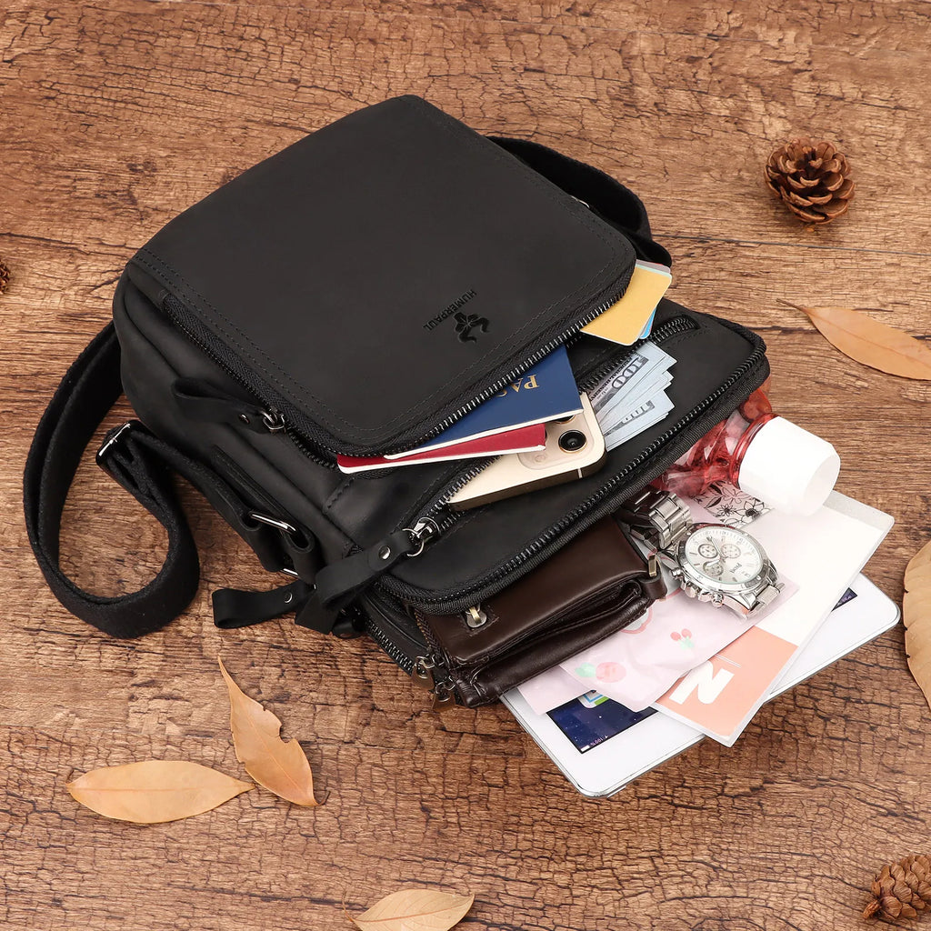 Men's Cowhide Shoulder Bag Casual Crossbody Bags Full Grain Leather Multifunctional Ipad Messenger Handbag Quality