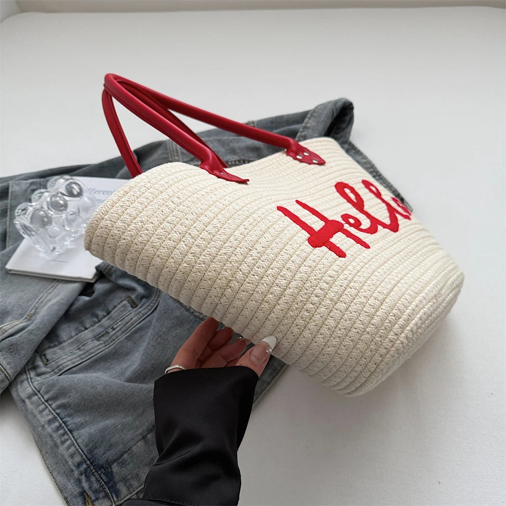 Simple Fashion Big Tote Bags For Women Cotton Fabric Woven Design Letter Embroidered  Luxury Large Capacity Shopper Shoulder Bag