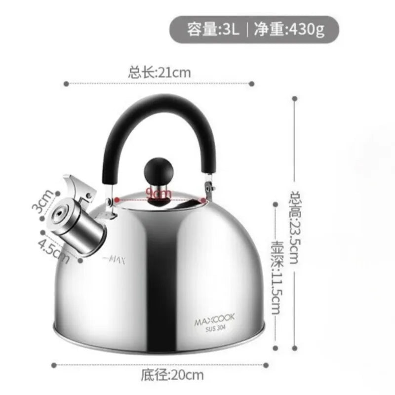 304 Stainless Steel Whistle Kettle 1.5-5L Multiple Sizes Large Capacity Sounding Kettle for Induction Stove Kitchen Supplies
