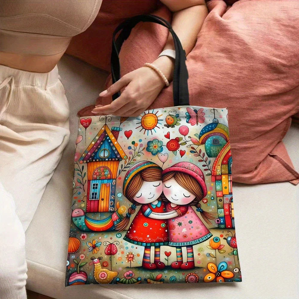 Whimsical Fairy-Tale World Print Tote Bag - Vibrant Mixed Colors, Reusable Foldable Shopping Bag with Fixed Shoulder Straps