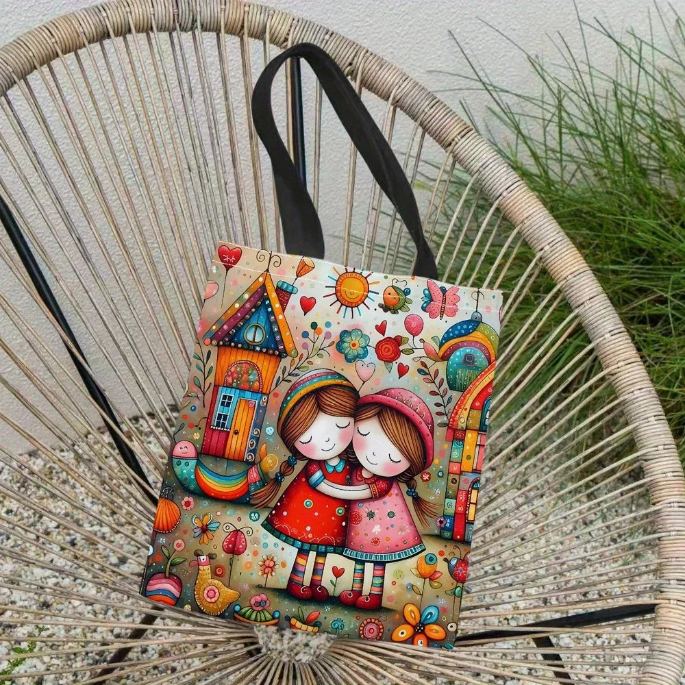 Whimsical Fairy-Tale World Print Tote Bag - Vibrant Mixed Colors, Reusable Foldable Shopping Bag with Fixed Shoulder Straps