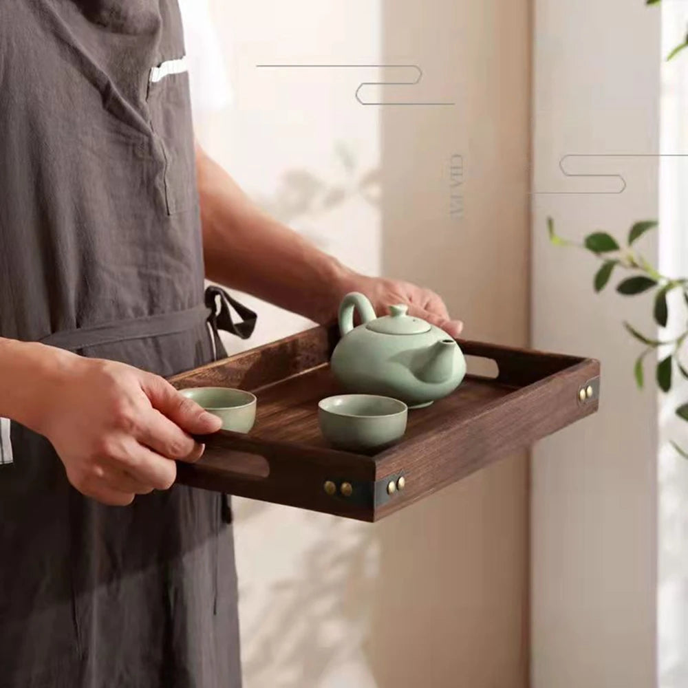 Wooden Rectangular Tea Tray Handmade Classic Wooden Dessert Candy Tea Tray Dinner With Handles Kitchen Decorative Wood Plate