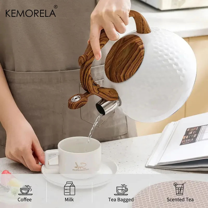 3L Stainless Steel Heat-Resistant Hammer Pattern Whistle Sound Kettle Wooden handle Boiling Kitchenware Gas Induction