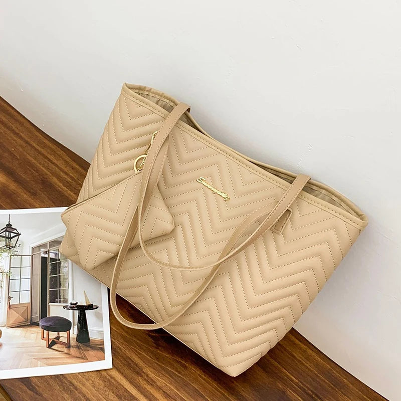 Women's Bag Fashion Large Capacity Tote Bag Wavy Grain Daily Commute Handbag two-piece