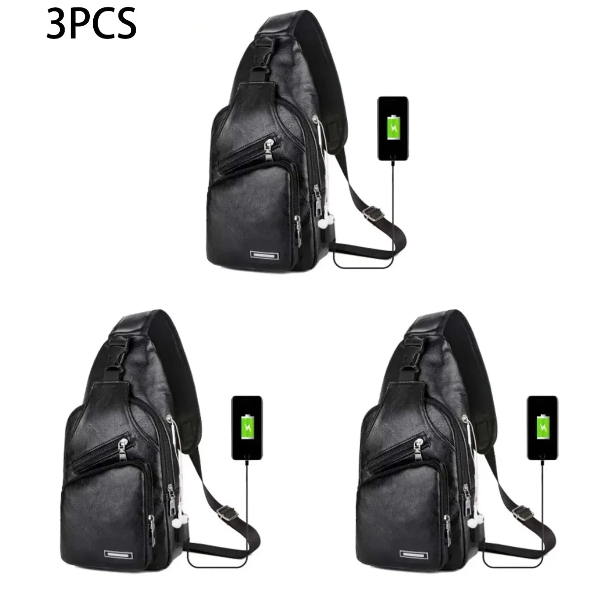 Simple and Fashionable Casual Solid Color PU Multifunctional USB Charging Zipper MEN'S Chest Bag Crossbody Bag for Commuting