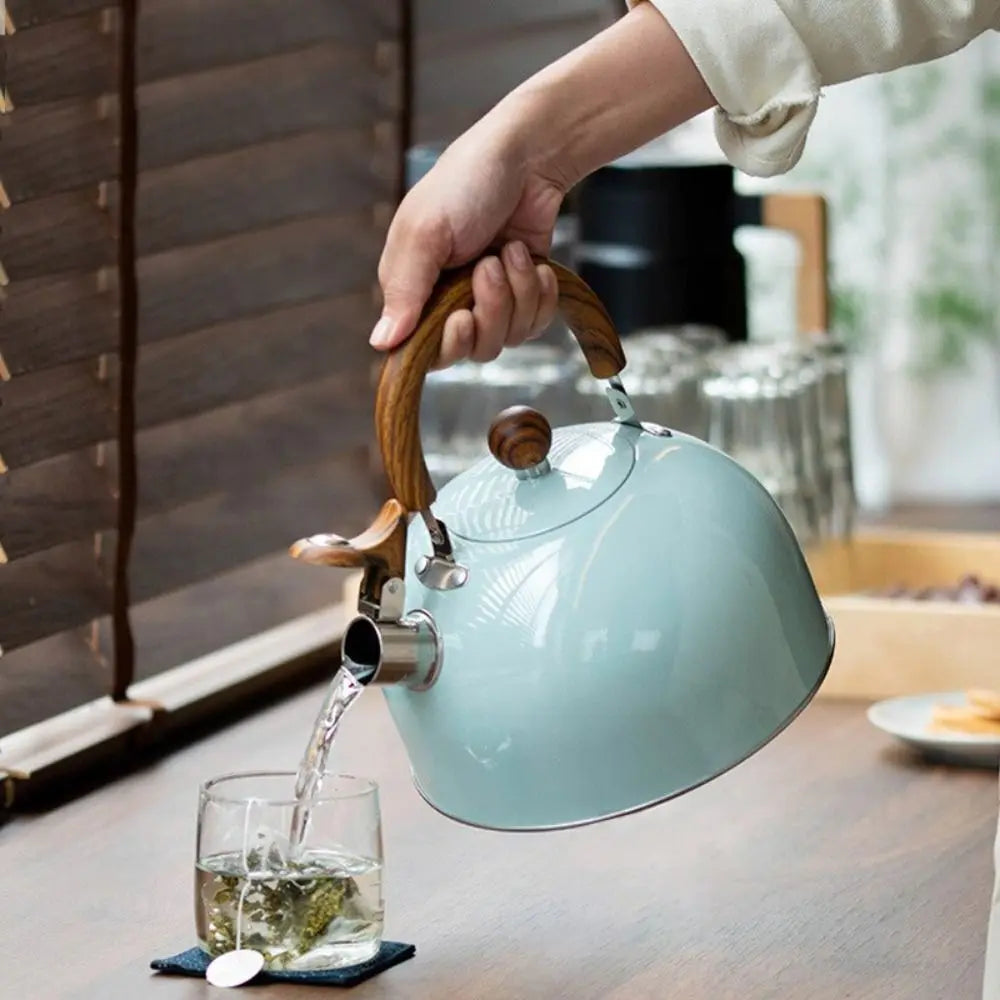 3L Whistling Tea Kettle Thick Stainless Steel Teakettle Teapot with Wooden Handle Compatible with Gas Stoves Induction