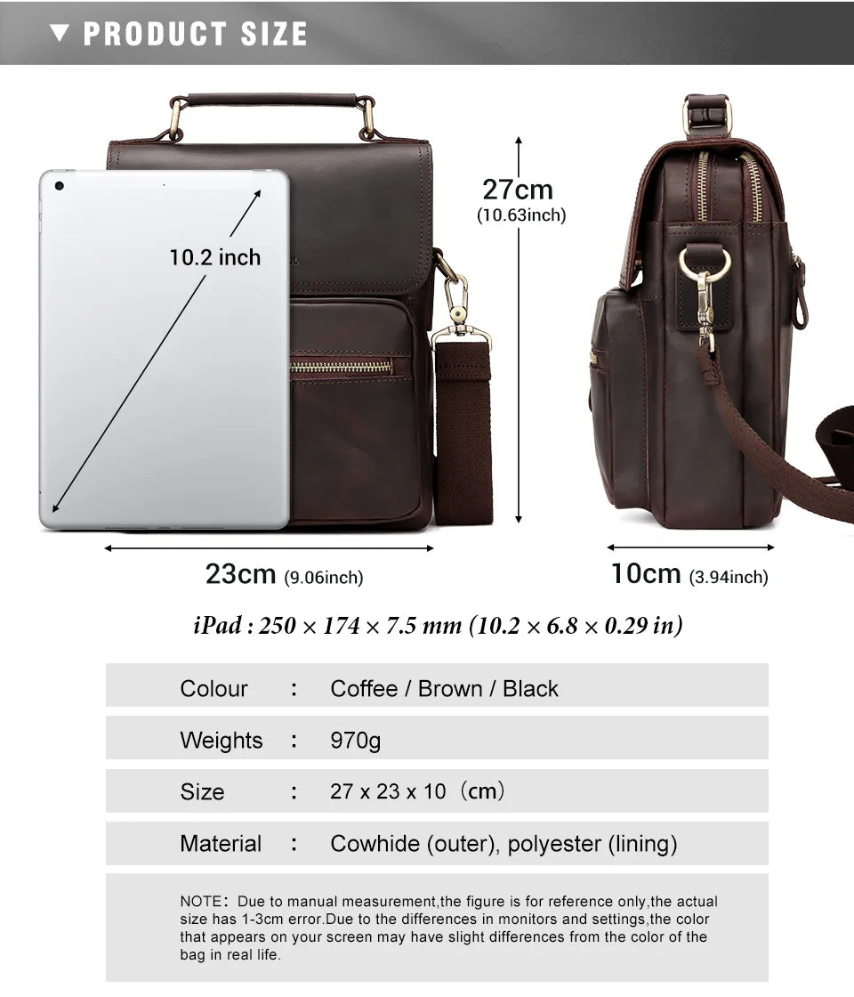Genuine Leather Men's Shoulder Bag Luxury Work Business Messenger Bags Fashion Male Crossbody with Adjustable Straps