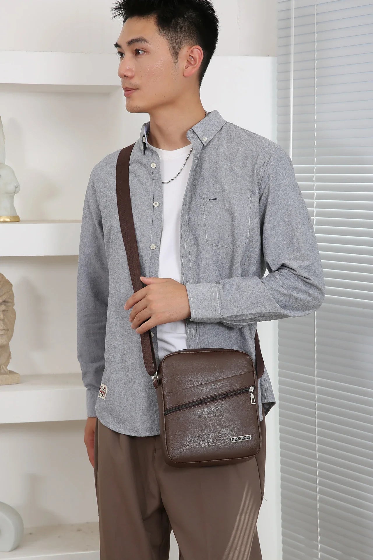 Men‘s PU Shoulder Bag Messenger Bag Casual Waterproof Nylon Zipper Pocket Handbag Fashion Tote Travel Male Crossbody Bags