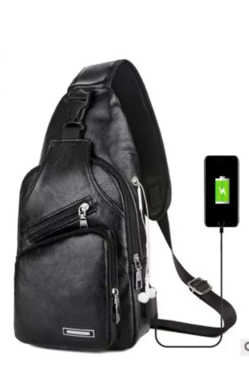 Simple and Fashionable Casual Solid Color PU Multifunctional USB Charging Zipper MEN'S Chest Bag Crossbody Bag for Commuting