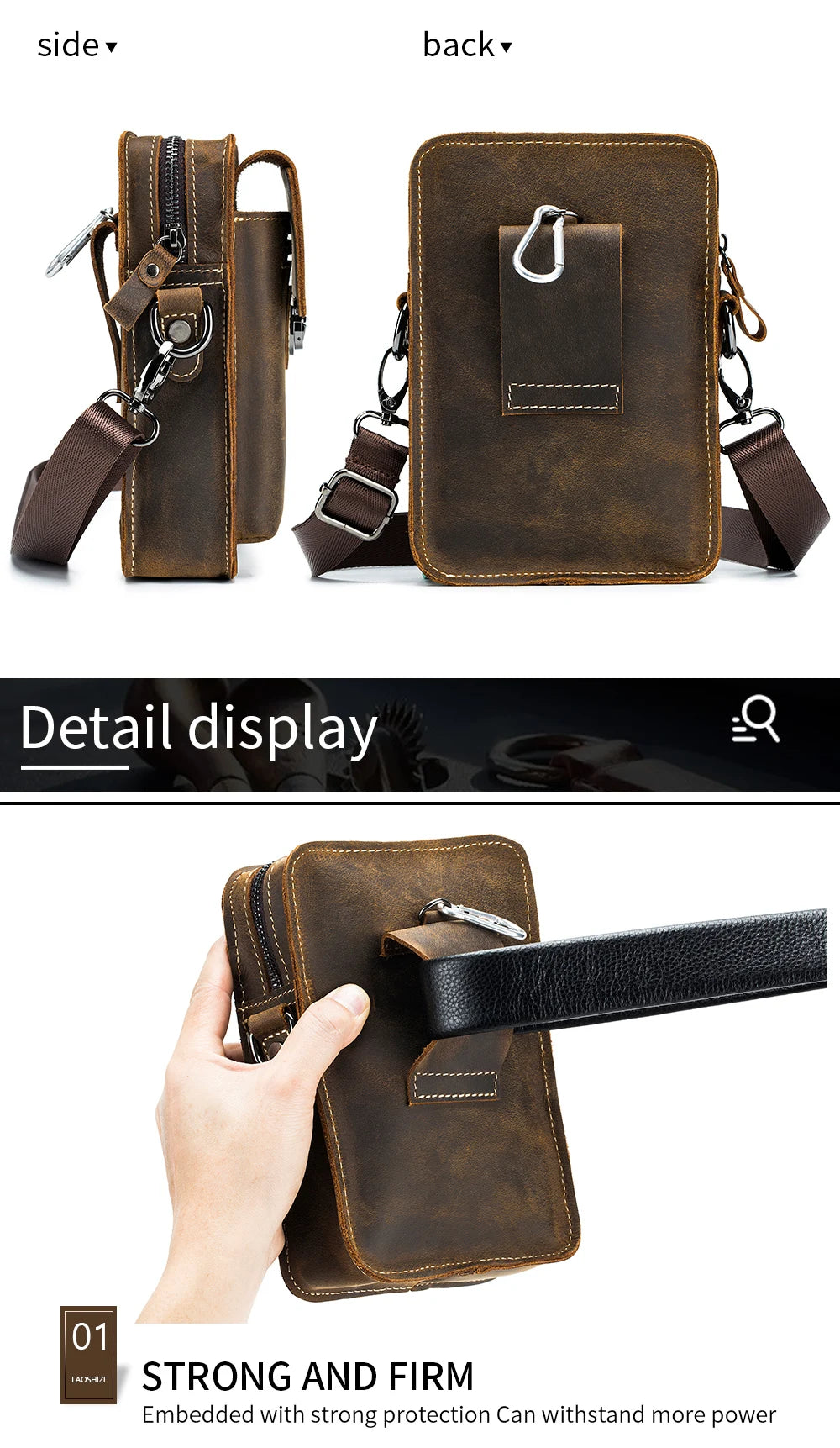 Crazy Horse Skin Men's Wearing Belt Phone Waist Bag Top Layer Cowhide Multi functional Single Shoulder Crossbody Phone Bag