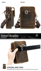 Crazy Horse Skin Men's Wearing Belt Phone Waist Bag Top Layer Cowhide Multi functional Single Shoulder Crossbody Phone Bag