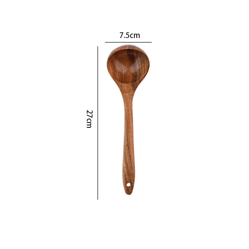 Teak Wooden Ladle Spoon Kitchen Serving Spoon With Back Hooks Non-stick Wooden Soup Ladle   For Cooking Serving And Stirring