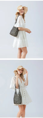 Women Woven hand bag summer design hollow-out wooden bead tote bucket shoulder bag female Reticulate netted canvas beach handbag