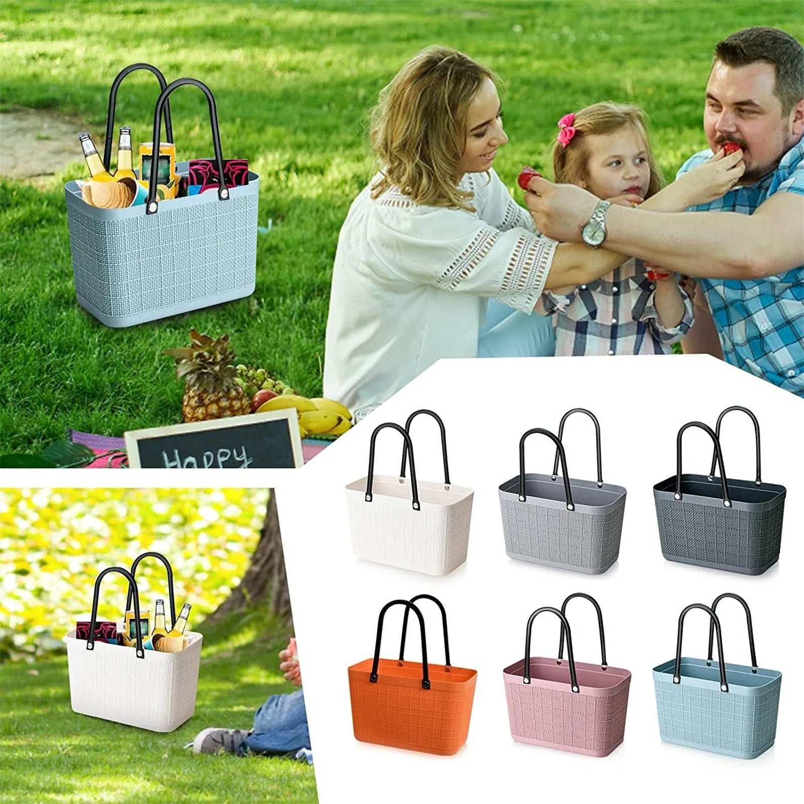 Portable Picnic Tote Shopping Bag Large Capacity  Bag, Large Plastic Utility Basket,Washable Beach Travel Handbag Storage Bags
