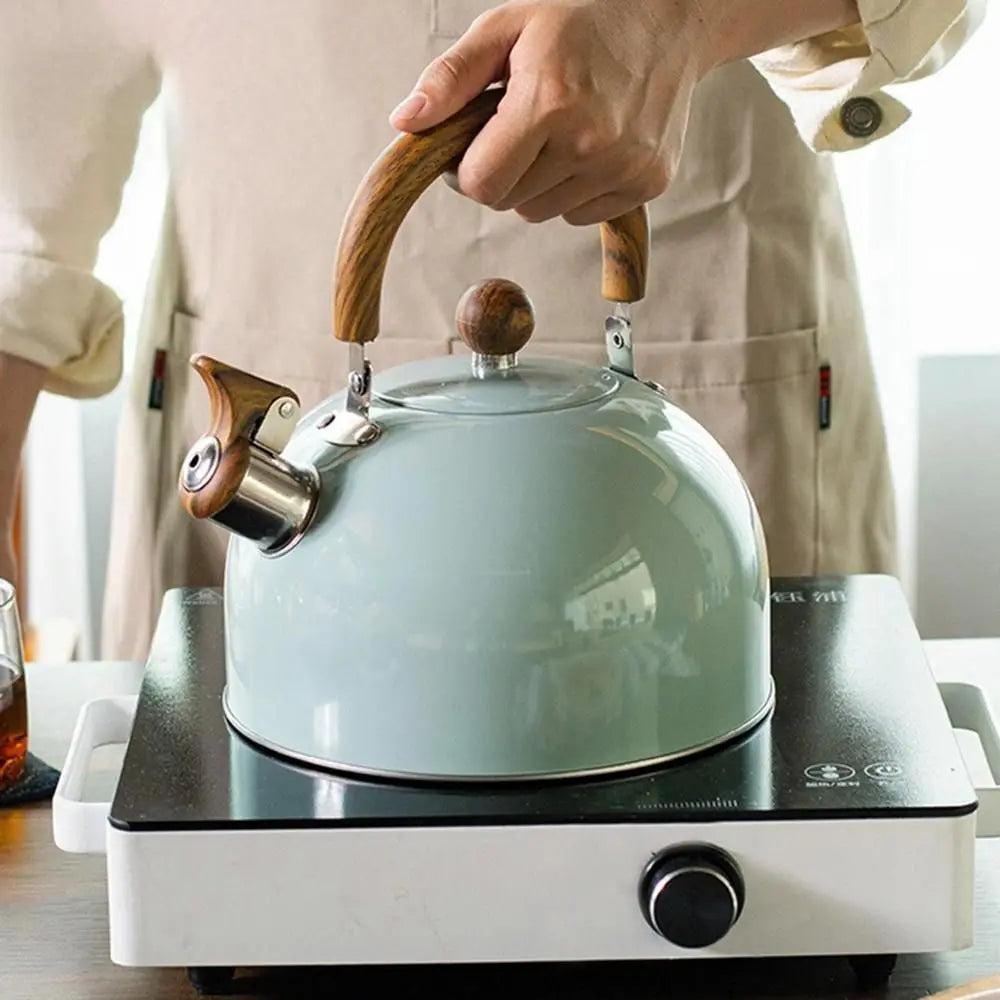 3L Whistling Tea Kettle Thick Stainless Steel Teakettle Teapot with Wooden Handle Compatible with Gas Stoves Induction