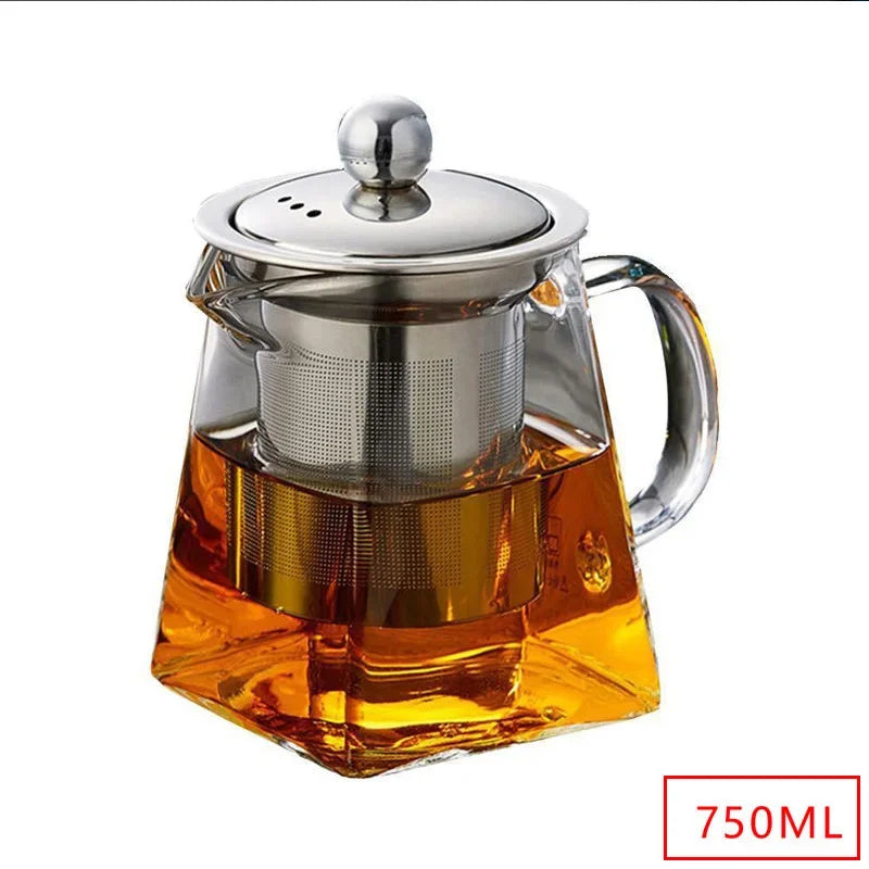 Heat Resistant Glass Teapot With Stainless Steel Coffee Infuser Heated Container Tea Pot Good Clear Kettle Square Filter Baskets