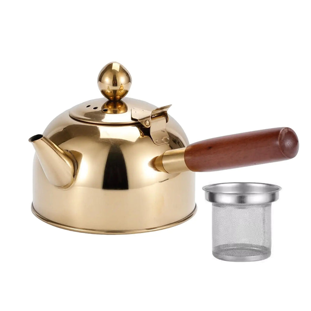 Portable Tea Kettle with Wood Handle Teapots Pot Jug Large Capacity Flat Bottom for Picnic Household Restaurant Kitchen Stovetop