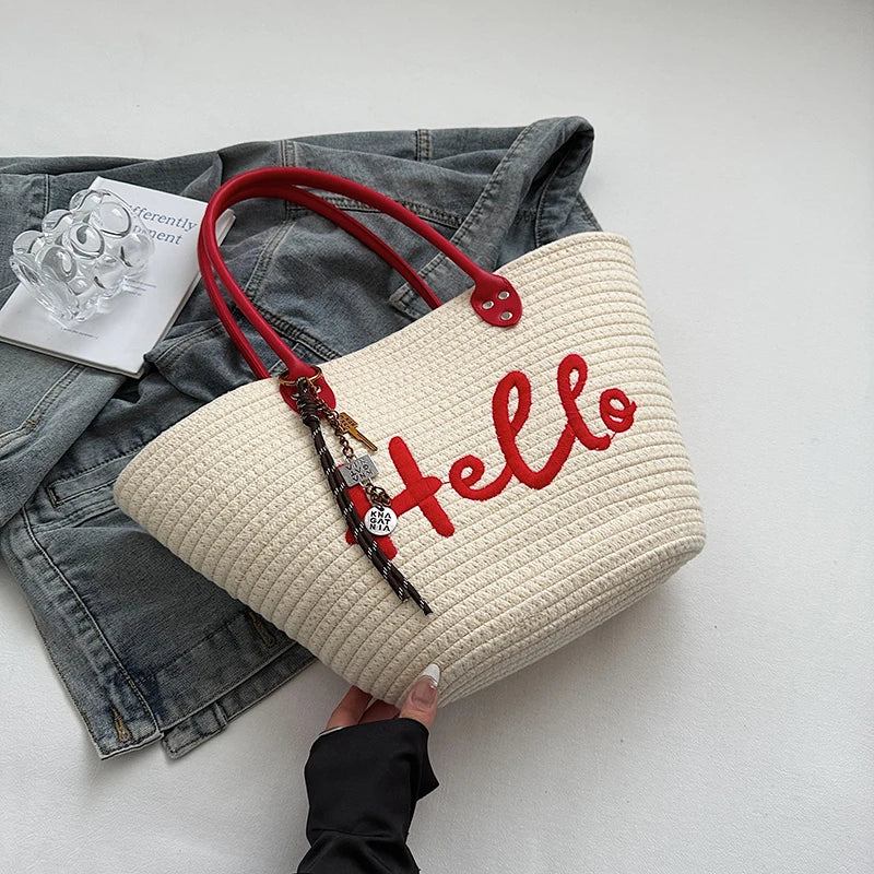 Simple Fashion Big Tote Bags For Women Cotton Fabric Woven Design Letter Embroidered  Luxury Large Capacity Shopper Shoulder Bag